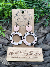 Load image into Gallery viewer, Genuine Leather Earrings - Black - Pink - Leopard - Animal Print - Black - Hoop Earrings - Hoops - Circle - Circle Cut Out - Statement Earrings