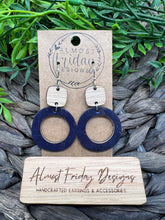 Load image into Gallery viewer, Genuine Leather Earrings - Wood Connector - Navy - Blue - Textured - Hoop Earrings - Hoops - Circle - Circle Cut Out - Statement Earrings