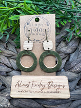 Load image into Gallery viewer, Genuine Leather Earrings - Wood Connector - Green - Textured - Hoop Earrings - Hoops - Circle - Circle Cut Out - Statement Earrings