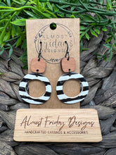 Load image into Gallery viewer, Genuine Leather Earrings - Wood Connector - Stripes - Striped - White - Black- Hoop Earrings - Hoops - Circle - Circle Cut Out - Statement Earrings
