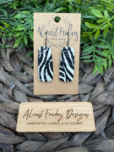 Load image into Gallery viewer, Genuine Leather Earrings - Black - White - Zebra - Animal Print - Bar - Cork Leather - Cut Out - Statement Earrings - Neutral