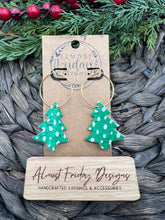 Load image into Gallery viewer, Genuine Leather Earrings - Hoop Earrings - Christmas Tree - Christmas Tree Earrings - Dalmatian Print - Spotted Earrings - Statement Earrings - Animal Print - Green - White