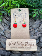 Load image into Gallery viewer, Enamel Earrings - Little Ladies - Red - Green - Apple - Small Earrings - Statement Earrings - School - Teacher