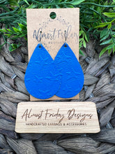 Load image into Gallery viewer, Genuine Leather Earrings - Embossed - Star - Blue - Patriotic Earrings - 4th of July - Teardrop - Independence Day - USA - Olympics