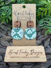 Load image into Gallery viewer, Genuine Leather Earrings - Green - Cream - Abstract Design - Wood - Wood Connector - Rounded Square - Cut Out - Statement Earrings - Neutral