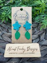 Load image into Gallery viewer, Genuine Leather Earrings - Embossed - Floral - Teal - Green - Leaf - Flowers - Spring - Summer - Summer Earrings - Statement Earrings - Spring