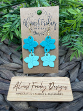 Load image into Gallery viewer, Genuine Leather Earrings - Embossed - Floral - Aqua - Teal - Flowers - Spring - Summer - Summer Earrings - Statement Earrings - Spring
