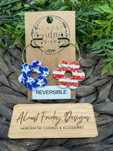 Load image into Gallery viewer, Genuine Leather Earrings - Reversible - Patriotic - Floral - USA - Red - White - Blue - America - Flowers - Hoop - Spring - Summer - Summer Earrings - Statement Earrings - Spring