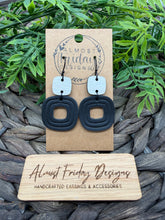 Load image into Gallery viewer, Genuine Leather Earrings - Embossed - Black - White - Wood - Wood Connector - Rounded Square - Cut Out - Statement Earrings - Neutral