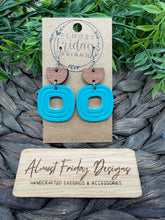 Load image into Gallery viewer, Genuine Leather Earrings - Embossed - Teal - Wood - Wood Connector - Rounded Square - Cut Out - Statement Earrings - Neutral