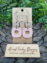 Load image into Gallery viewer, Genuine Leather Earrings - Embossed - Peach - Coral - Pink - Wood - Wood Connector - Rounded Square - Cut Out - Statement Earrings - Neutral