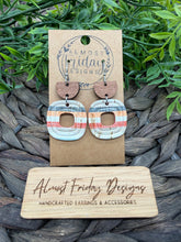 Load image into Gallery viewer, Genuine Leather Earrings - Embossed - White - Red - Orange - Peach - Gray - Stripes - Wood - Wood Connector - Rounded Square - Cut Out - Statement Earrings - Neutral