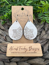 Load image into Gallery viewer, Wood Earrings - Dangle Earrings - Hand Painted - Snowflake - White Wash - Distressed - Winter Earrings - Teardrop - Statement Earrings - Engraved