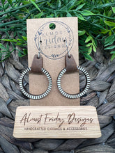 Load image into Gallery viewer, Wood Earrings - Stripes - Natural Wood - Hoop Earrings - Hoops - Hand Painted - Black and White - Genuine Leather Cuff - Statement Earrings