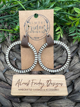 Load image into Gallery viewer, Wood Earrings - Stripes - Natural Wood - Hoop Earrings - Hoops - Hand Painted - Black and White - Genuine Leather Cuff - Statement Earrings