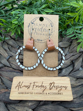 Load image into Gallery viewer, Wood Earrings - Stripes - Natural Wood - Hoop Earrings - Hoops - Hand Painted - Black and White - Genuine Leather Cuff - Statement Earrings (Copy)