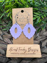 Load image into Gallery viewer, Genuine Leather Earrings - Diamond - Scallop - Purple - Embossed - Statement Earrings - Leather