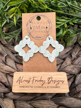 Load image into Gallery viewer, Genuine Leather Earrings - Flower - Scallop - Palm Leaf - Plant - Mint and White - Statement Earrings - Cork - Leather - Floral