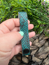 Load image into Gallery viewer, Genuine Leather Wristlet - Genuine Leather Accessories - Wristlet - Key Chain - Black and Teal - Snakeskin - Animal Print