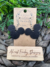 Load image into Gallery viewer, Genuine Leather Earrings - Mickey Earrings - Winter - Black - Textured Leather - Cork Leather - Cut Out Earrings - Matte Black - Statement Earrings