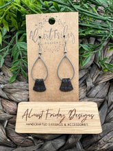 Load image into Gallery viewer, Genuine Leather Earrings - Teardrop - Black - Metal - Silver - Shimmer - Cuff - Leather Wrap - Statement Earrings - Neutral