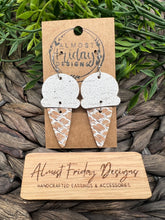 Load image into Gallery viewer, Genuine Leather Earrings - Ice Cream - Vanilla - Ice Cream Cone - White - Glitter - Shimmer - Summer - Cork - Statement Earrings - Sweet Treat - Textured Leather