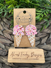 Load image into Gallery viewer, Genuine Leather Earrings - Ice Cream - Strawberry Shortcake - Ice Cream Cone - Pink - White - Gold - Silver - Summer - Glitter Leather - Statement Earrings - Sweet Treat - Textured Leather
