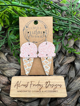 Load image into Gallery viewer, Genuine Leather Earrings - Ice Cream - Strawberry - Ice Cream Cone - Pink - Summer - Glitter Leather - Statement Earrings - Sweet Treat - Textured Leather