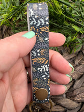 Load image into Gallery viewer, Genuine Leather Key Chain Wristlet - Genuine Leather Accessories - Key Wristlet - Key Chain - Leaves - Flowers - Fall Flowers - Floral - Blue - Mustard