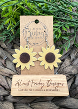 Load image into Gallery viewer, Genuine Leather Earrings - Sunflower Earrings - Yellow - Brown - Fall Leather Genuine Leather Earrings - Fall Earrings - Floral - Statement Earrings - 3D