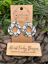 Load image into Gallery viewer, Genuine Leather Earrings - Embossed Teardrop - Pansy - Navy - Blue - Green - White - Flowers - Floral - Statement Earrings