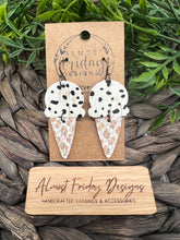 Load image into Gallery viewer, Genuine Leather Earrings - Ice Cream - Vanilla - Chocolate Chip - Ice Cream Cone - Black - White - Summer - Cork - Statement Earrings - Sweet Treat - Textured Leather