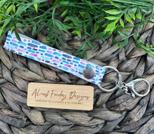 Load image into Gallery viewer, Genuine Leather Key Chain Wristlet - Genuine Leather Accessories - Key Wristlet - Blue - Purple - White -Aqua -Dots - Lines - Key Chain - Abstract