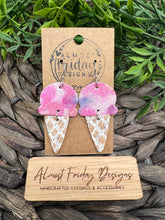 Load image into Gallery viewer, Genuine Leather Earrings - Ice Cream - Berry Sherbet - Ice Cream Cone - Pink - Purple - Summer - Glitter Leather - Statement Earrings - Sweet Treat - Textured Leather