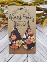 Load image into Gallery viewer, Genuine Leather Earrings - Teardrop Earrings - Fall Leather Genuine Leather Earrings - Orange Flowers - Floral Design - Fall Earrings
