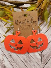 Load image into Gallery viewer, Genuine Leather Earrings - Neon - Halloween Earrings - Pumpkin - Jack-o'-Lantern - Cut Out Earrings - Orange Earrings