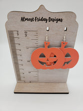 Load image into Gallery viewer, Genuine Leather Earrings - Neon - Halloween Earrings - Pumpkin - Jack-o'-Lantern - Cut Out Earrings - Orange Earrings