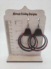 Load image into Gallery viewer, Wood Earrings - Genuine Leather - Acrylic - Neon - Pink - Natural Wood - Hoop Earrings - Hoops - Black and Pink - Statement Earrings