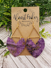 Load image into Gallery viewer, Genuine Leather Earrings - Valentine's Day - Purple Earrings - Embossed Leather - Fringed Heart - Hearts - Gold - Metal Hoop