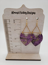 Load image into Gallery viewer, Genuine Leather Earrings - Valentine's Day - Purple Earrings - Embossed Leather - Fringed Heart - Hearts - Gold - Metal Hoop