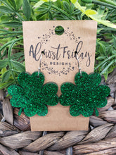 Load image into Gallery viewer, Acrylic Earrings - Shamrocks - Green - St. Patrick's Day - Glitter Earrings - Four Leaf Clover