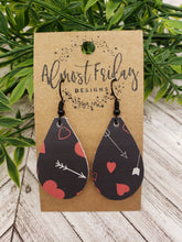 Load image into Gallery viewer, Genuine Leather Earrings - Valentine's Day - Teardrop Earrings - Hearts - Black and White - Red Hearts - Arrows