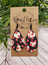 Load image into Gallery viewer, Genuine Leather Earrings - Valentine's Day - Teardrop Earrings - Heart - Black and White - Red Hearts