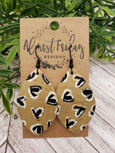Load image into Gallery viewer, Genuine Leather Earrings - Valentine's Day - Leaf Cut Earrings - Hearts - Tan - Black Hearts