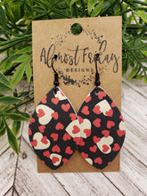 Load image into Gallery viewer, Genuine Leather Earrings - Valentine's Day - Leaf Cut Earrings - Heart - Black and White - Red Hearts