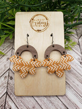 Load image into Gallery viewer, Genuine Leather Earrings - Petal - Scallop - Mustard Earrings - Herringbone Design - Statement Earrings - Wood and Leather Earrings - Chevron