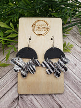 Load image into Gallery viewer, Genuine Leather Earrings - Petal - Scallop - Black and White Earrings - Glitter Earrings - Animal Print - Statement Earrings