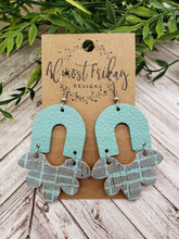 Load image into Gallery viewer, Genuine Leather Earrings - Petal - Scallop - Gray Earrings - Aqua - Crosshatch Design - Statement Earrings - Arch Connector