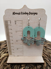 Load image into Gallery viewer, Genuine Leather Earrings - Petal - Scallop - Gray Earrings - Aqua - Crosshatch Design - Statement Earrings - Arch Connector