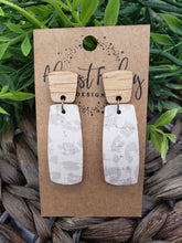 Load image into Gallery viewer, Genuine Leather Earrings - Bar - Tan and Cream - Leopard Earrings - Statement Earrings - Bar Earrings - Wood and Genuine Leather - Stud Posts - Animal Earrings - Nude Leopard